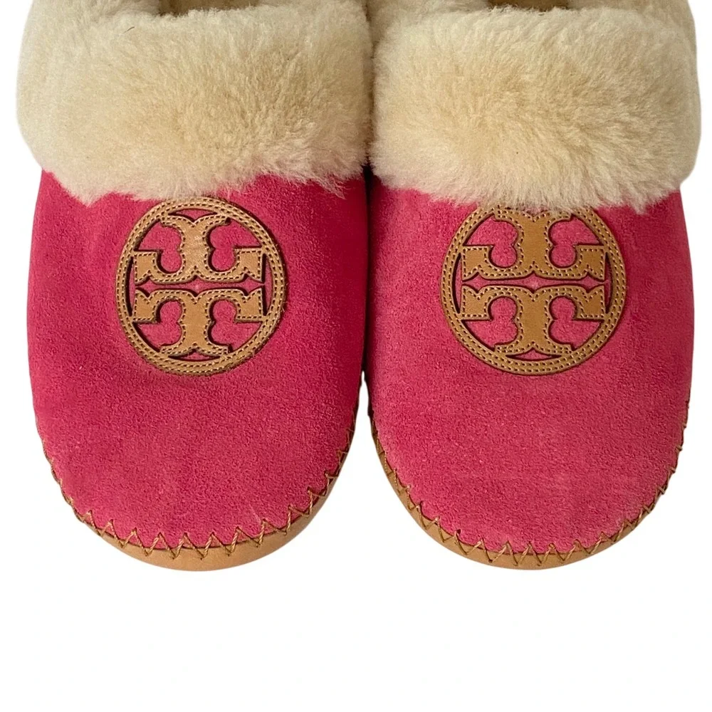 Tory Burch Pink Suede Shearling Lined Slippers Double T Logo Size 7M
